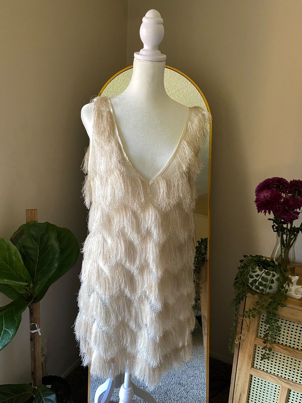 Plastic Island Pale Beige Fringe Textured Top